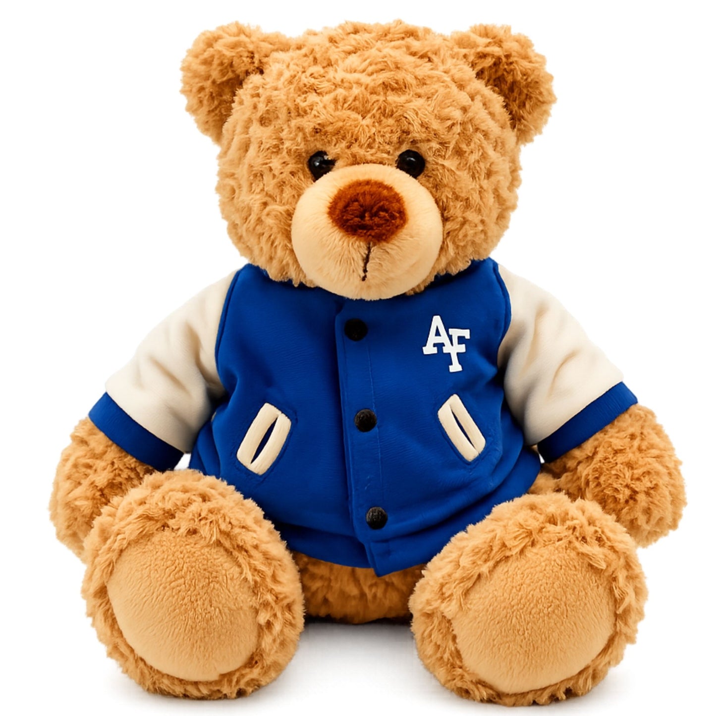 Air Force teddy bear plush wearing a blue varsity jacket with AF logo