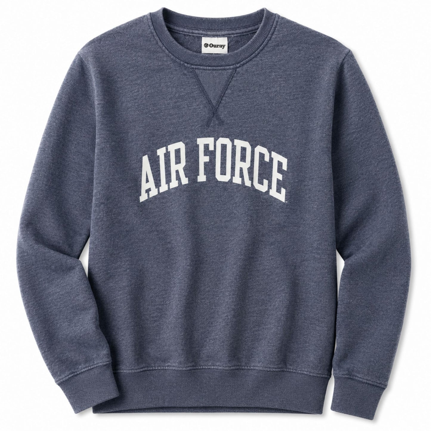 Heather navy Air Force Weathered Fleece Crew sweatshirt featuring a vintage-inspired wash, arched Air Force graphic, V-stitched neckline, and brushed fleece interior.