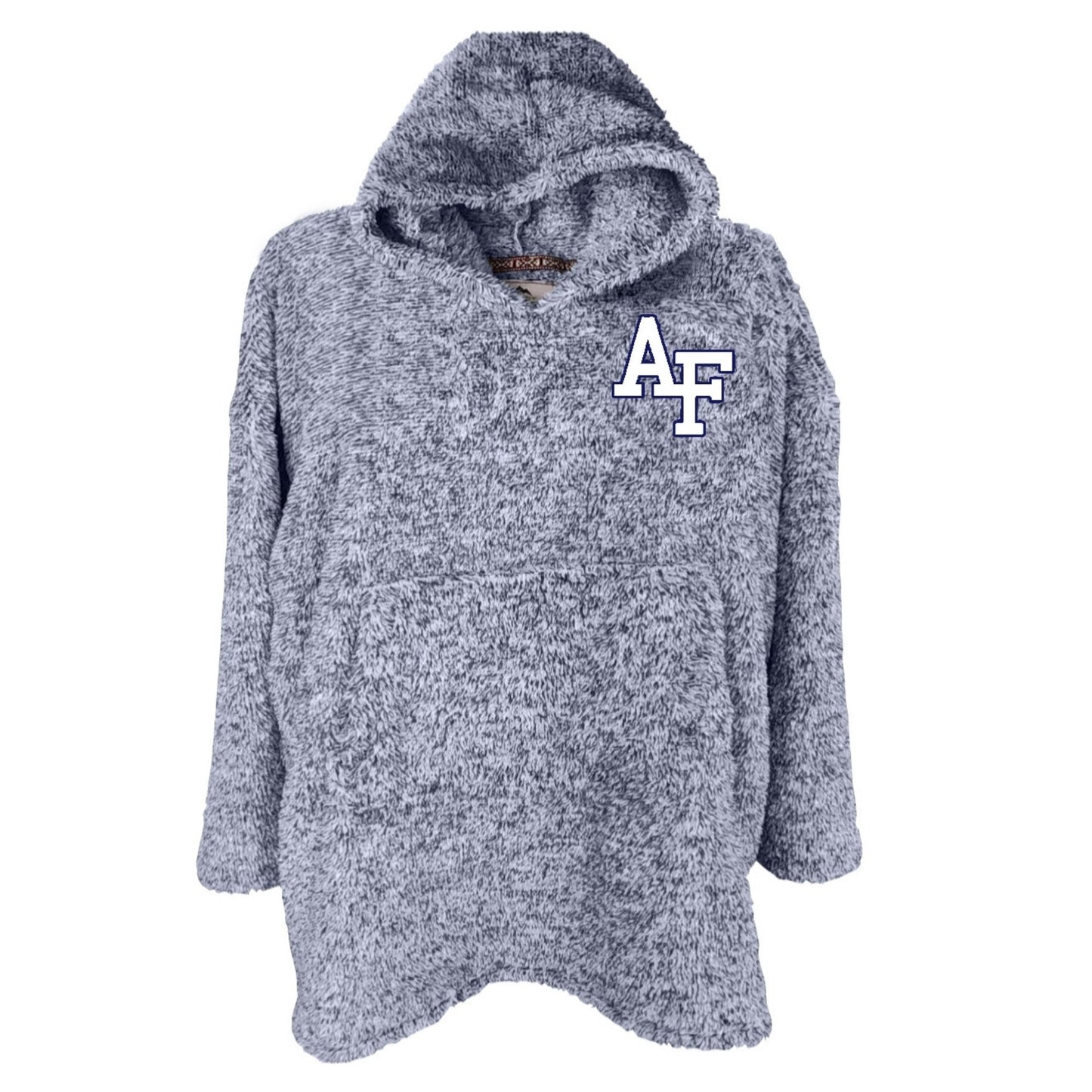 Air Force Youth Cozy Blanket Hoodie in blue plush fabric with embroidered AF logo
