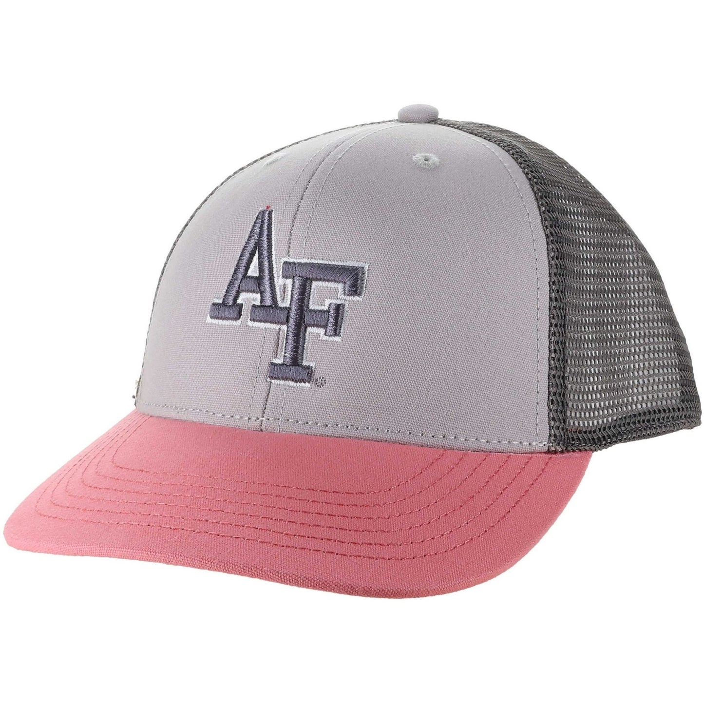 Air Force Youth Sunset Trucker Hat in grey and coral with embroidered AF logo and mesh back