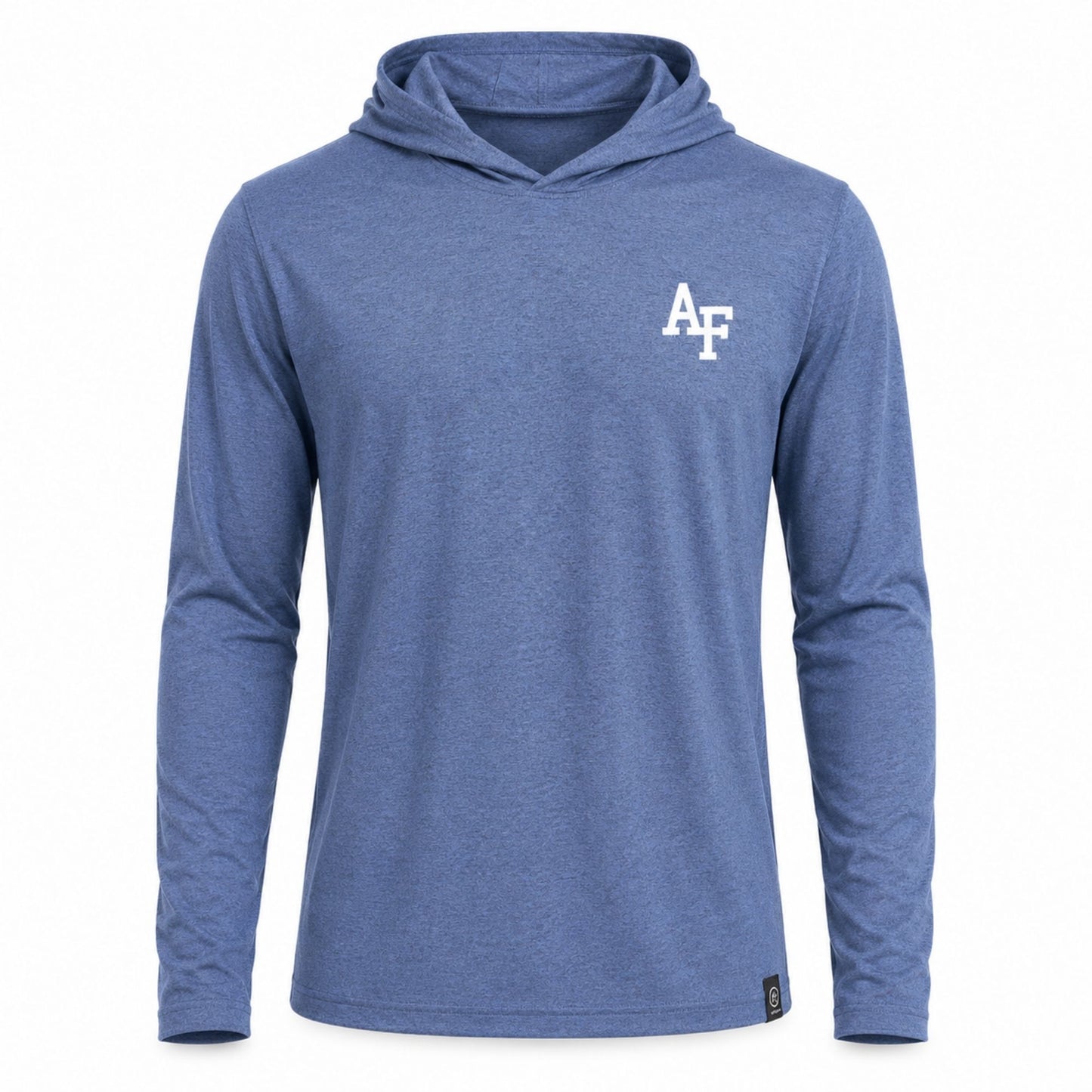 Blue Skies Performance Hoodie in blue heather with AF logo and hooded design