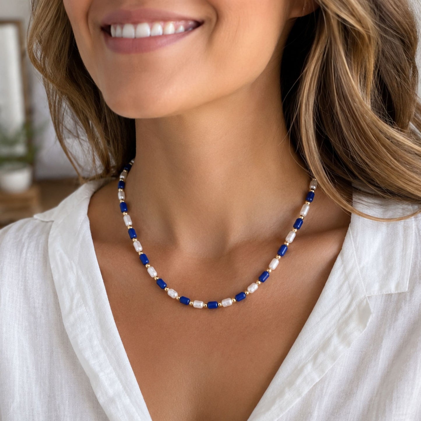Cadet Pearl Beaded Necklace with alternating royal blue beads, pearl accents, white beads, and a gold-tone adjustable extender chain.