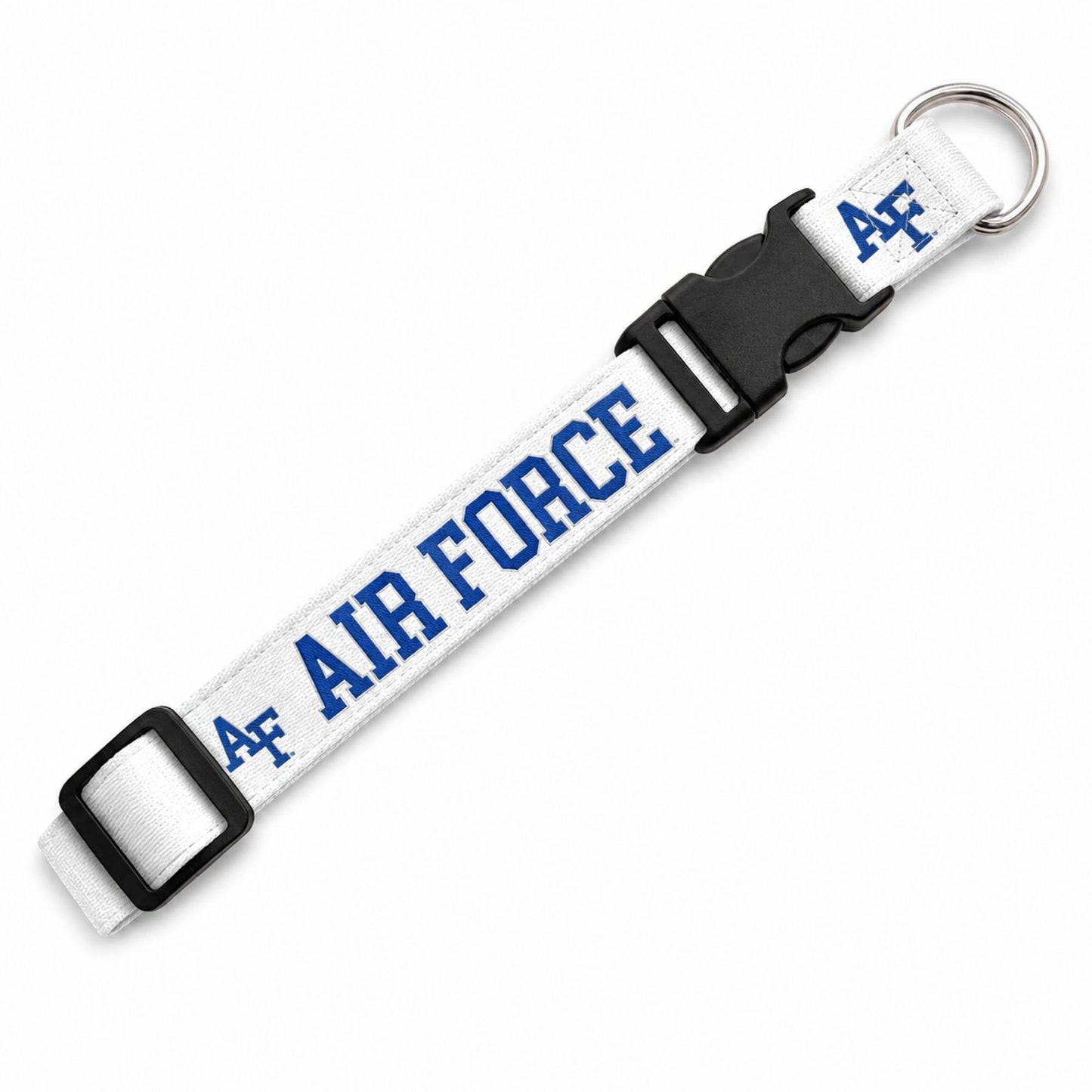 White Falcon Paws dog collar with blue Air Force lettering and AF logos