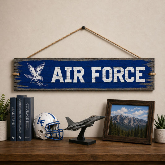 Falcon Rally Wooden Hanging Wall Sign featuring the Air Force Academy Falcon logo and AIR FORCE lettering on a distressed blue and gray wood background.