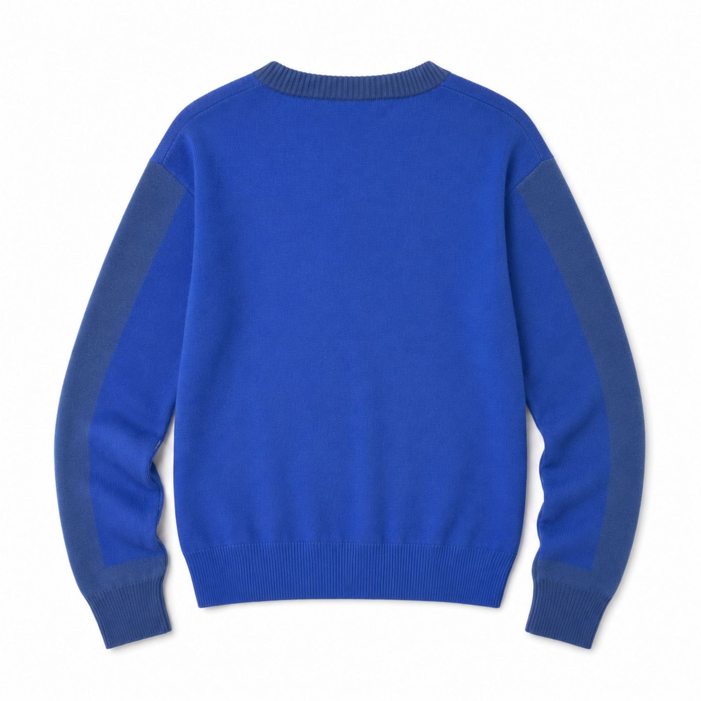 Back view of the blue Falcons Harbor Stripe Sweater with contrasting sleeves and ribbed trim