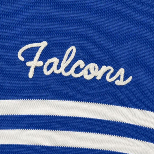 Close-up of the white FALCONS rope embroidery and blue and white stripes
