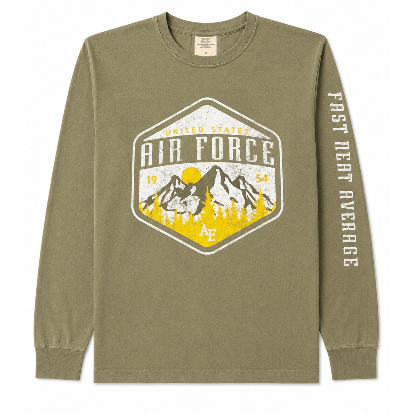 Olive green Fast Neat Average Long Sleeve Tee featuring a vintage Air Force mountain graphic and sleeve print on a garment-dyed cotton shirt.