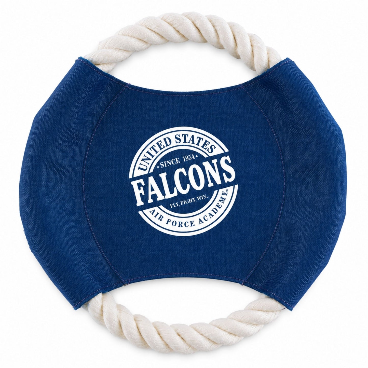 Blue Fly Fight Fetch dog toy with rope handles and Air Force Academy Falcons graphic
