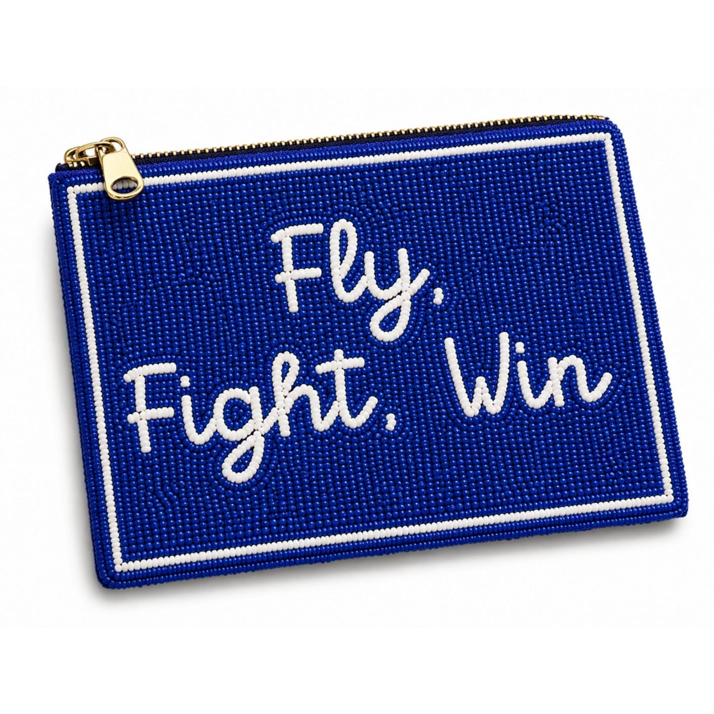 Air Force Academy beaded pouch in blue with white “Fly, Fight, Win” script and gold zipper on a white background