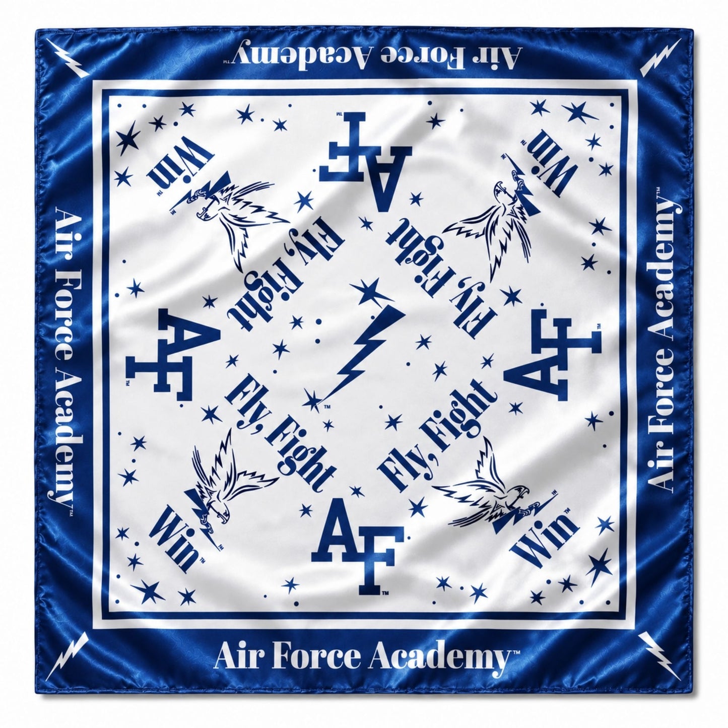 Royal blue and white Air Force Academy Fly, Fight, Win satin scarf featuring AF logos, falcon artwork, stars, and lightning bolt graphics.