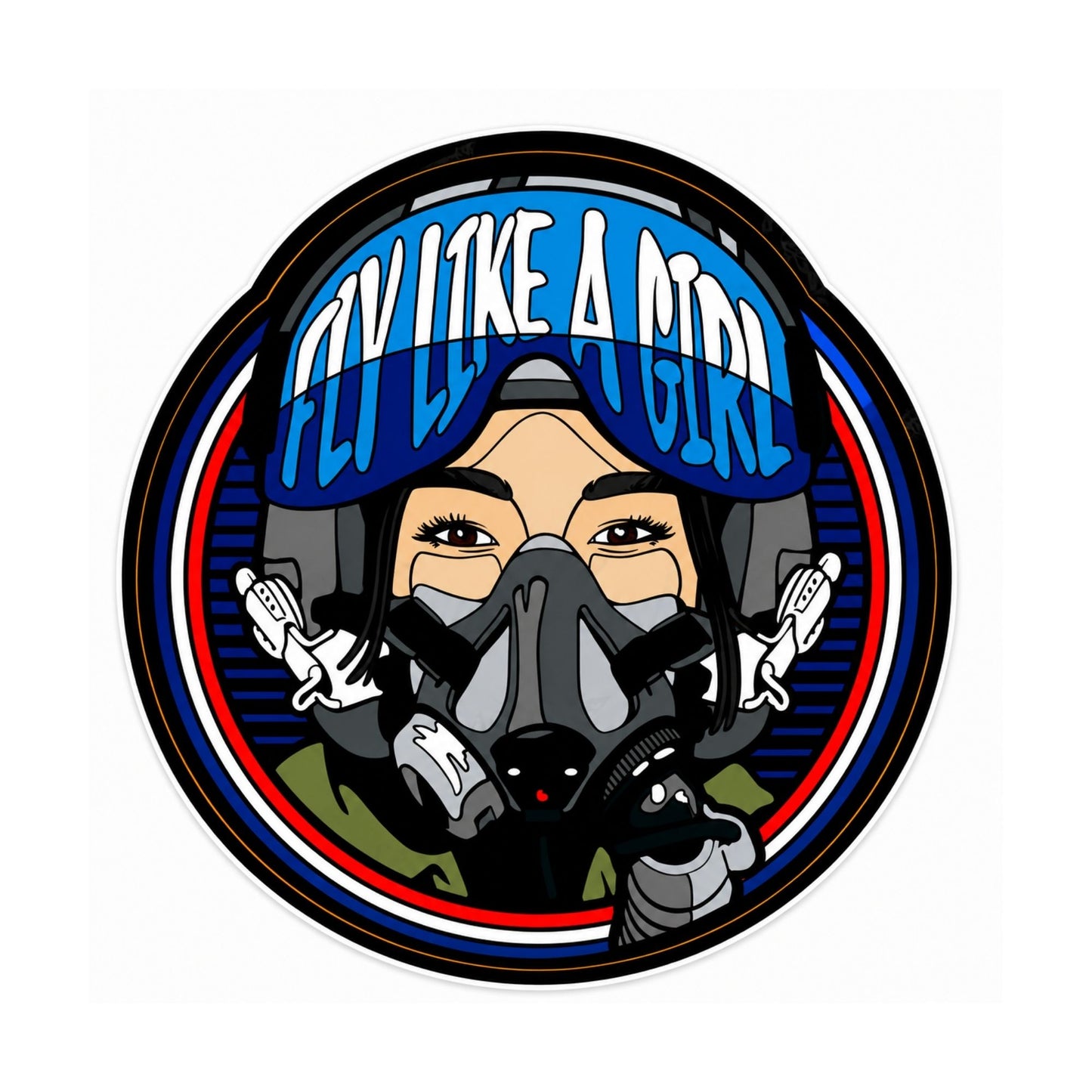 Round FLY LIKE A GIRL vinyl sticker featuring a dark-haired female fighter pilot wearing a flight helmet and oxygen mask with blue aviation-themed artwork, approximately 4 inches in diameter.