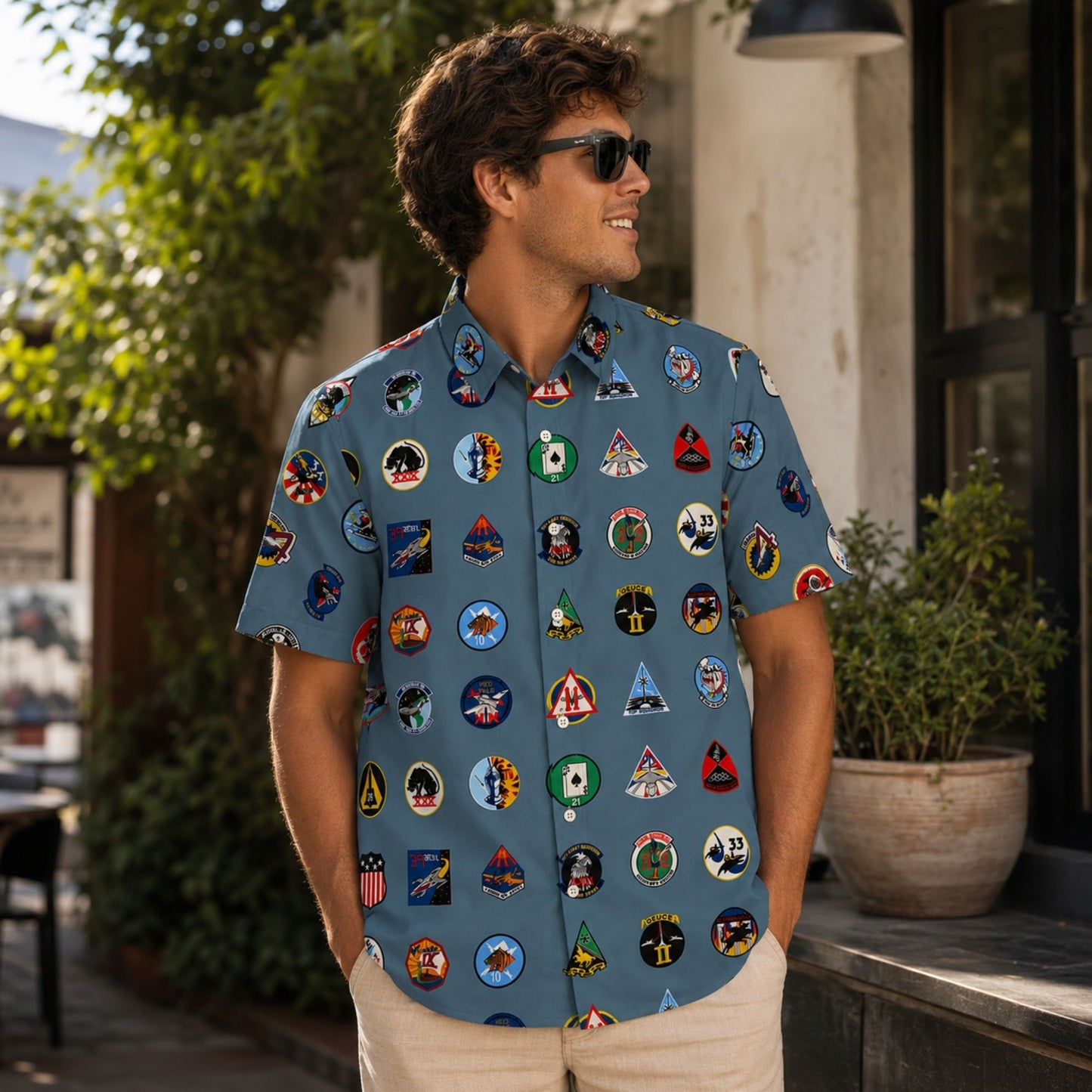 Forty Squadrons One Family camp button shirt featuring all 40 United States Air Force Academy cadet squadron emblems on a steel blue performance fabric.