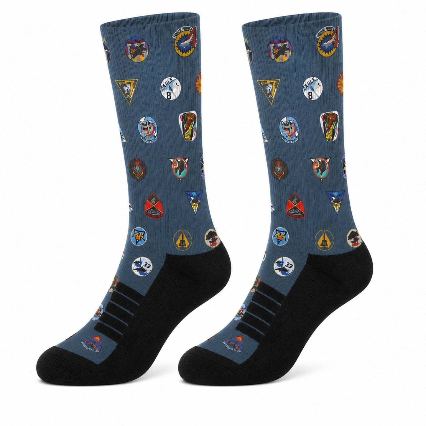 Forty Squadrons. One Family. crew socks featuring an all-over USAFA squadron patch design on a steel blue knit with black heel and toe.