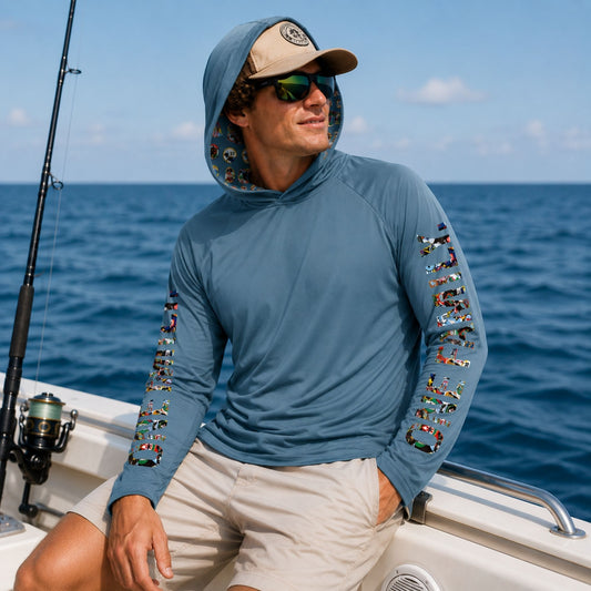 Forty Squadrons. One Family. steel blue performance hooded long sleeve featuring squadron artwork on the sleeves and custom squadron-pattern hood lining.