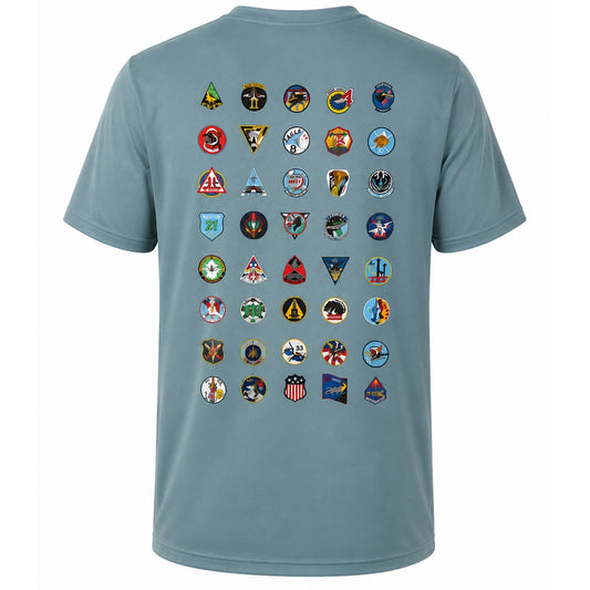 Steel blue performance T-shirt featuring Forty Squadrons. One Family. graphic on the front and all 40 USAFA cadet squadron patches on the back.