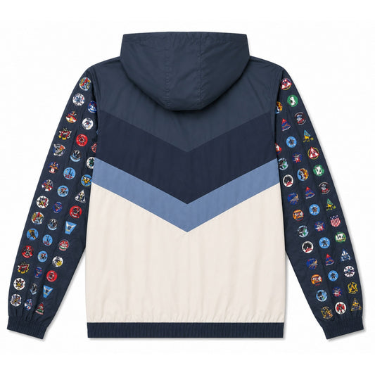 Air Force Academy windbreaker featuring cadet squadron emblems on both sleeves, color-block body design, full zipper, hood, and front pockets.