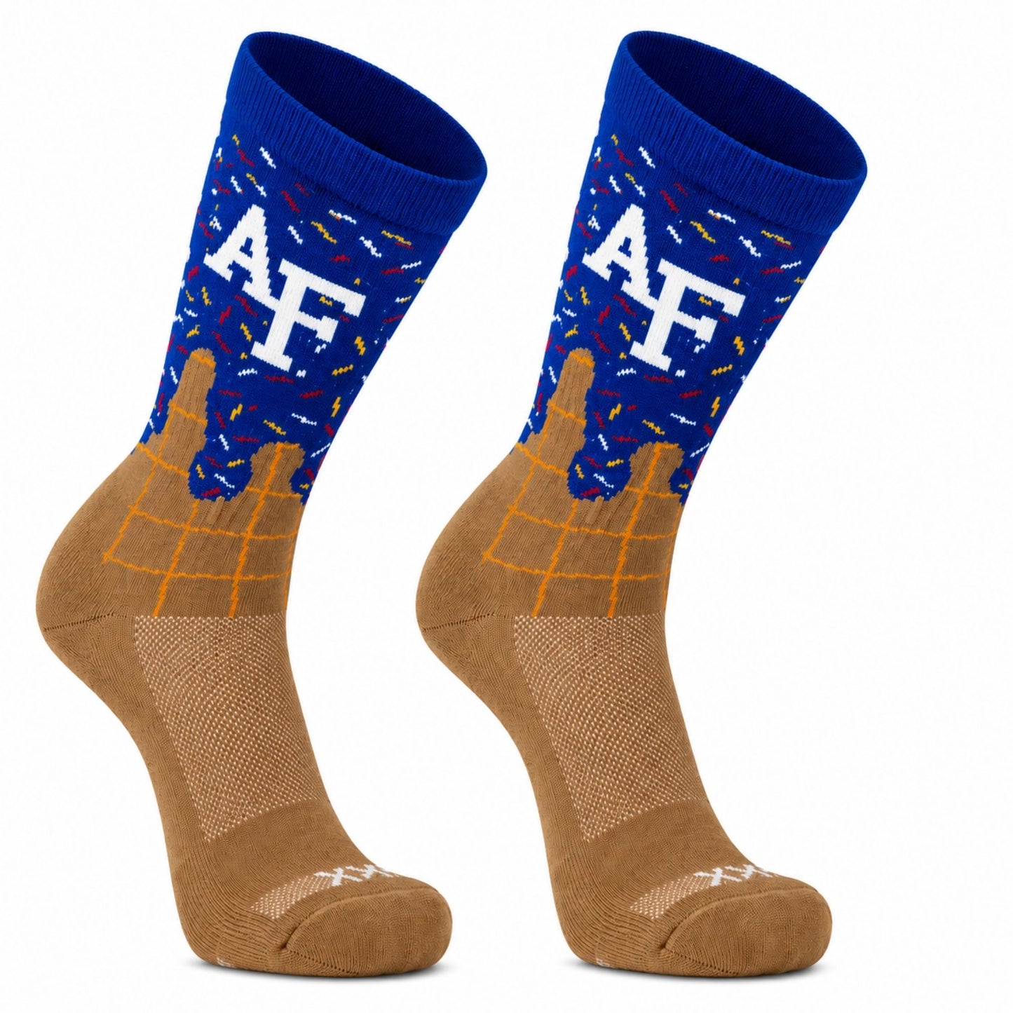 Blue and khaki Ice Cream Crew Socks featuring AF logo, odor-control technology, ProDRI moisture-wicking performance, and secure fit construction.