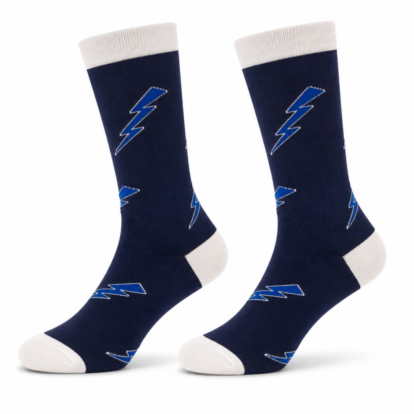 Navy blue Lightning Bolt All Over Crew Socks featuring blue lightning bolt graphics with white heel, toe, and cuff accents.