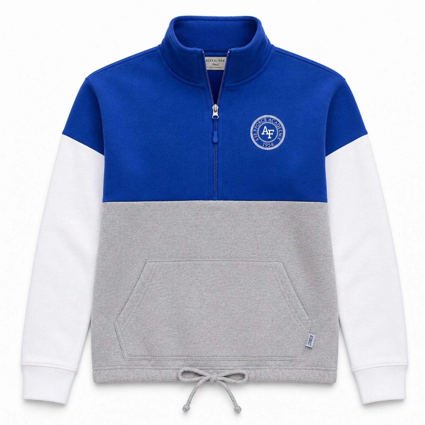 Women’s Air Force Academy Long Blue Line colorblock quarter-zip pullover with fleece interior, kangaroo pocket, and embroidered AF logo