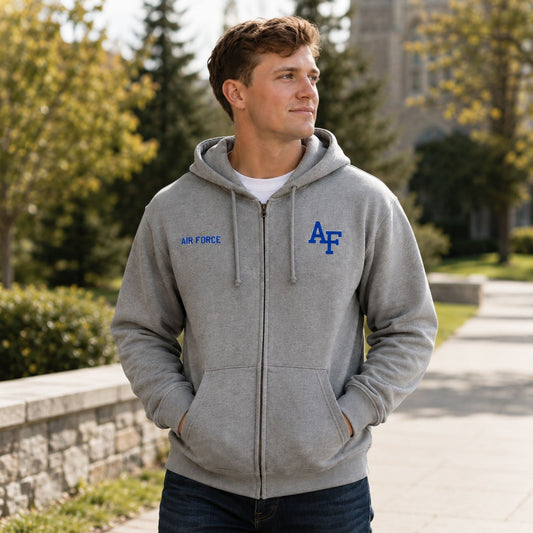 Men’s gray Air Force full zip fleece hoodie with vintage weathered finish, front pockets, hood, and blue AF logo on chest.