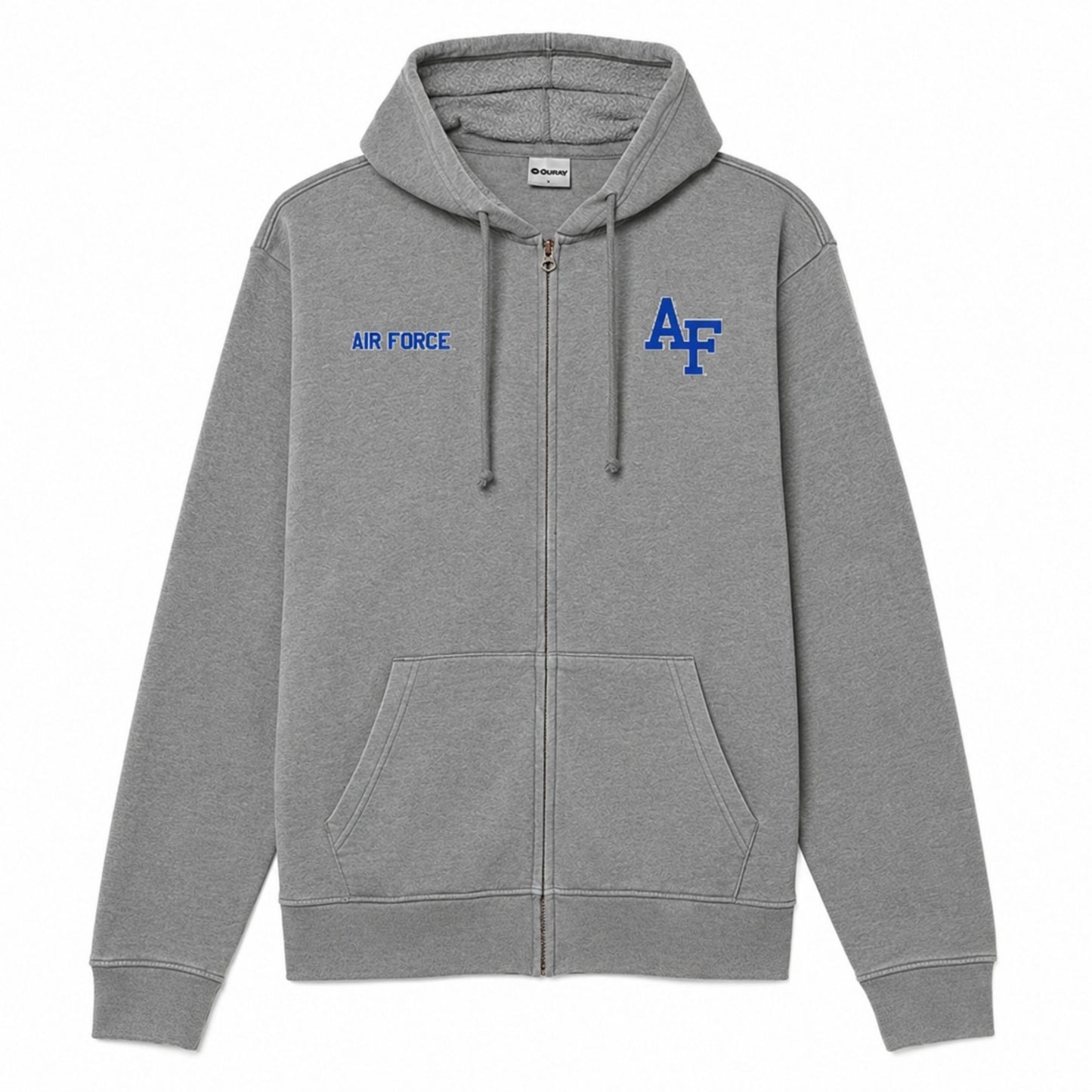 Men’s gray Air Force full zip fleece hoodie with vintage weathered finish, front pockets, hood, and blue AF logo on chest.
