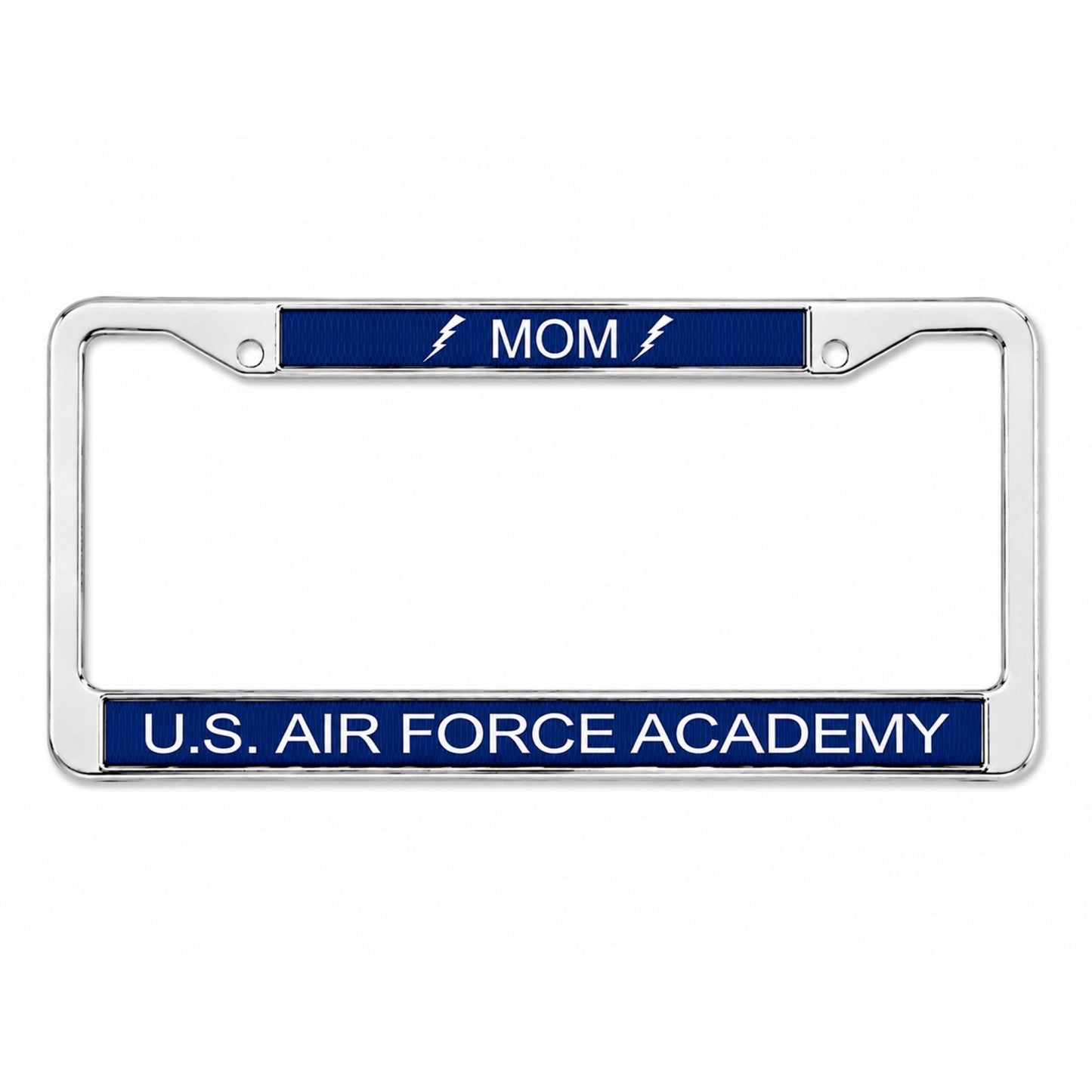 Polished metal U.S. Air Force Academy Mom Bolt license plate frame with blue enamel accents and lightning bolt design.