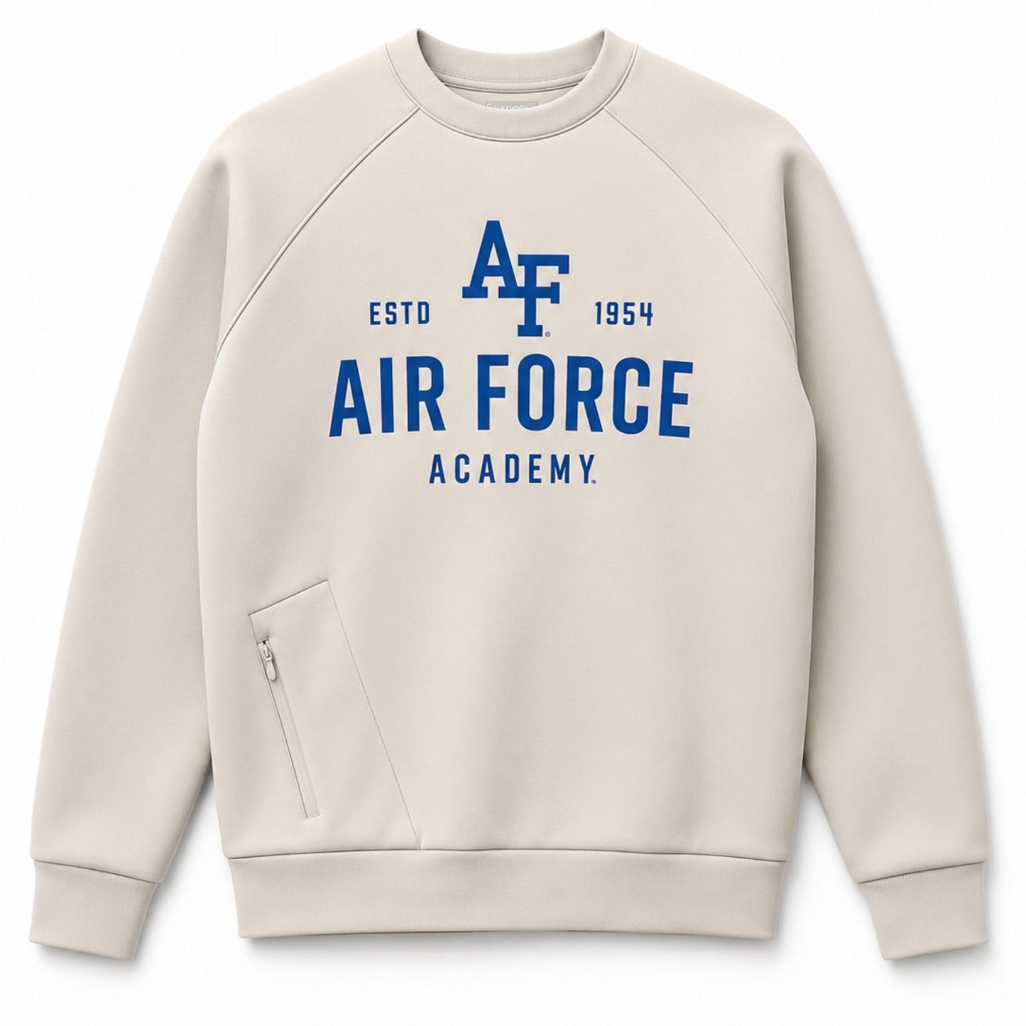 Men's Air Force Academy crewneck sweatshirt in soft beige scuba knit fabric featuring blue Academy graphics, raglan sleeves, and a hidden side zip pocket.