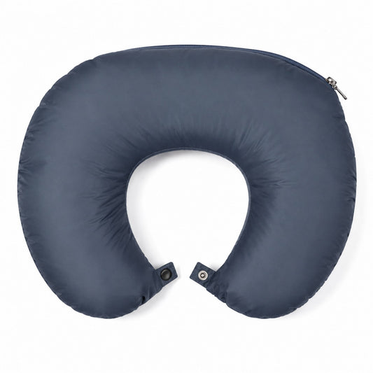 Packable dark steel blue travel neck pillow made from lightweight nylon fabric with snap closure and integrated zippered storage compartment