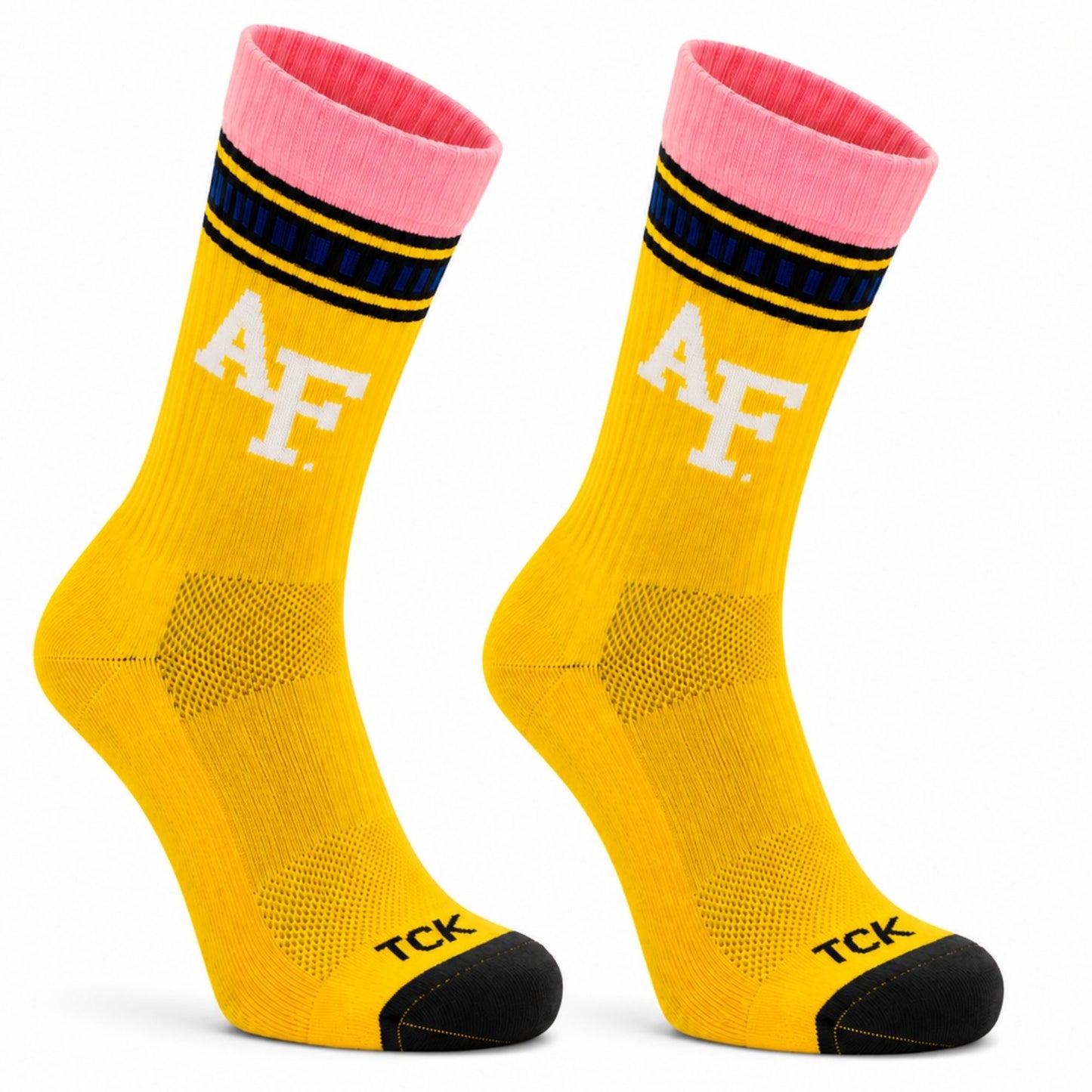 Yellow Pencil Crew Socks with pink cuff, Air Force AF logo, ProDRI moisture-wicking technology, odor control, and secure fit construction.