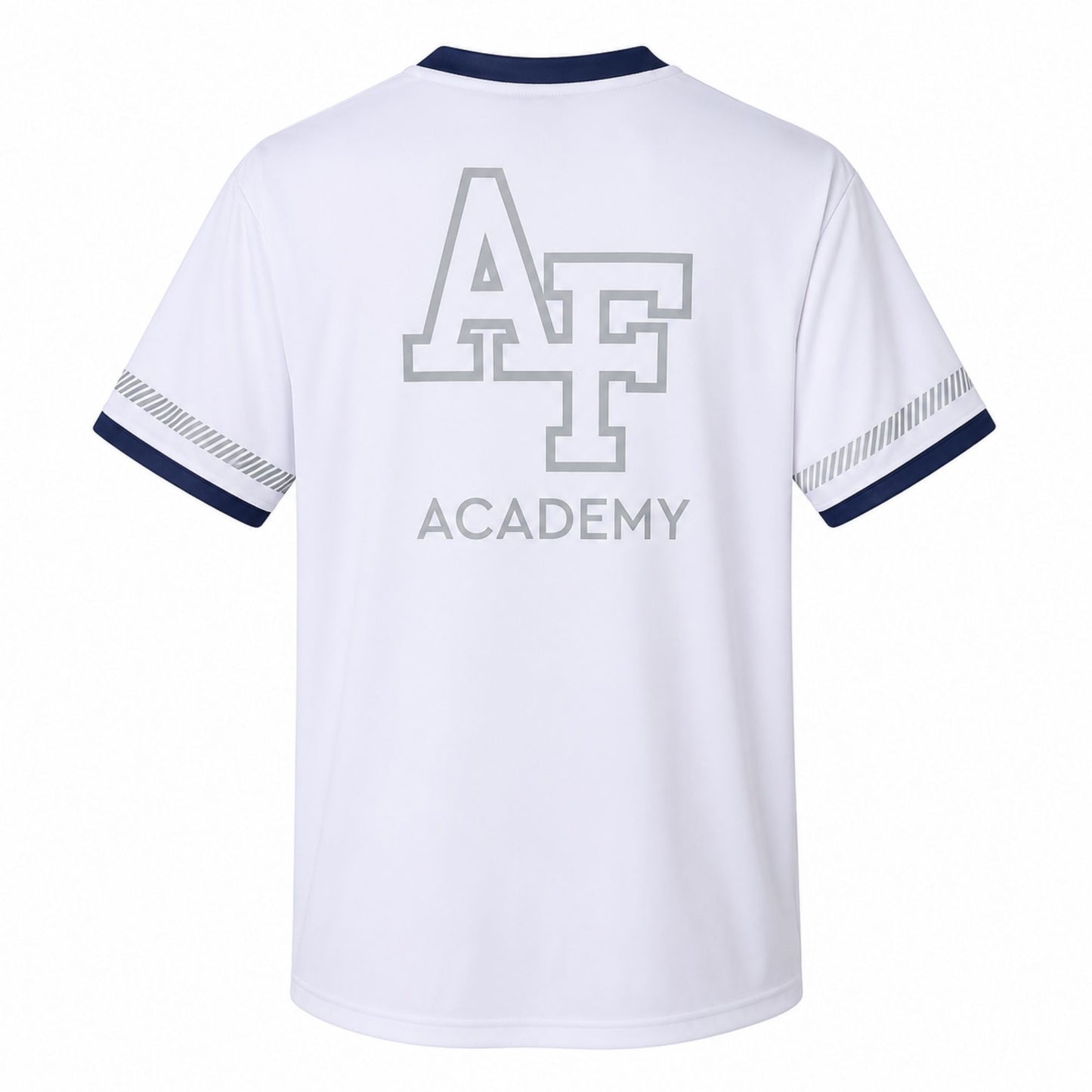 White USAFA Performance Cadet Athletic T-Shirt with navy trim, USAFA front graphic, and AF Academy back design shown front and back.