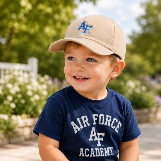 Toddler khaki baseball cap featuring an embroidered Air Force AF logo on the front.