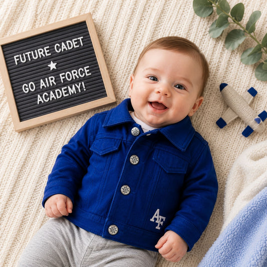 Toddler Air Force Denim Jacket in royal blue with snap front closure and embroidered AF logo