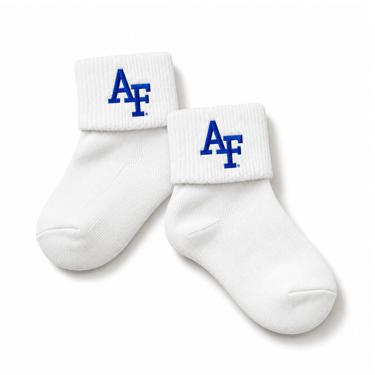 White toddler sock featuring a fold-over cuff with embroidered royal blue AF logo