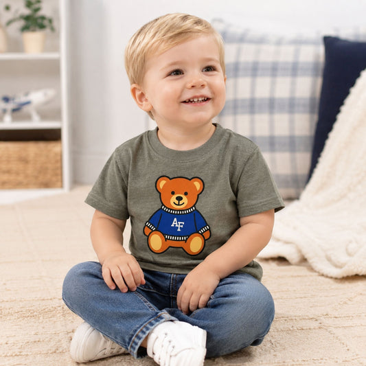 Toddler Teddy Bear Tee featuring a teddy bear wearing a blue AF sweater on a soft olive green toddler t-shirt.