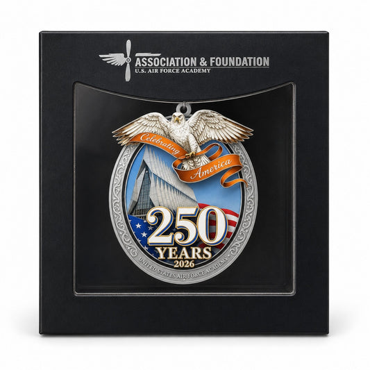 2026 USAFA 250 Years Celebrating America commemorative ornament displayed in premium blue gift box