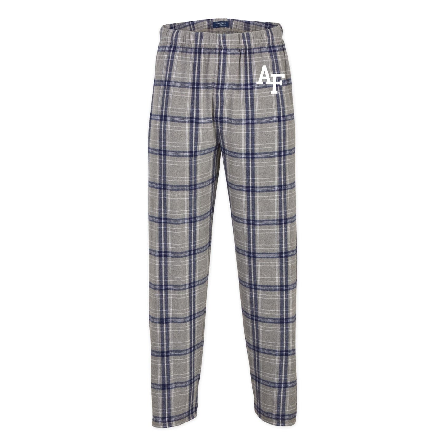 Silver class color plaid flannel pants with AF logo on the hip