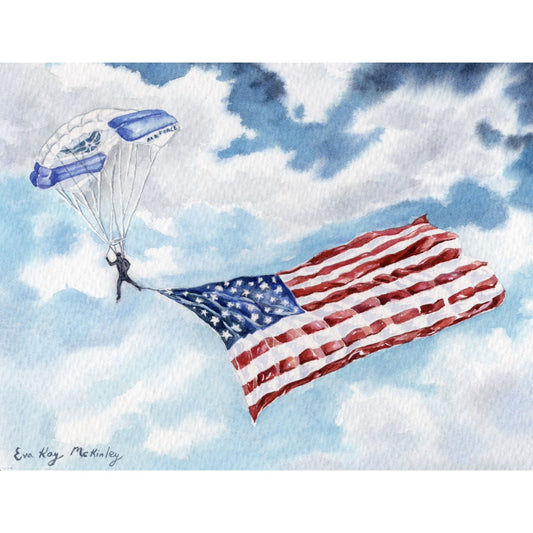 Watercolor painting of a USAFA Wings of Blue parachutist flying with a large American flag.