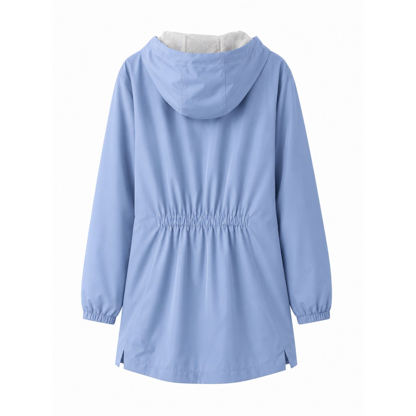 Women’s light blue Air Force Academy Flight Deck Rain Jacket with hood, longer curved hem, and lightweight water-resistant shell