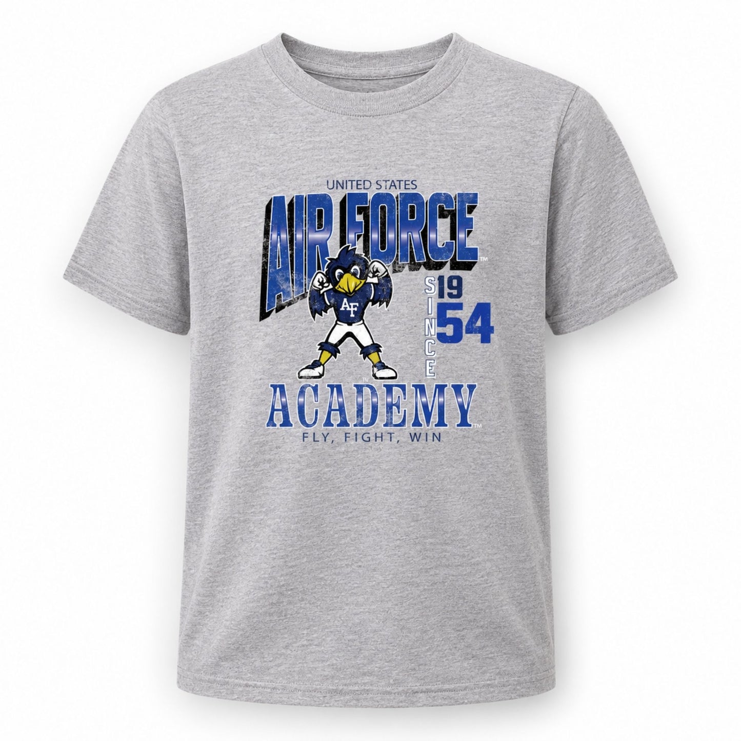Youth heather gray Air Force Vintage Mascot Tee with retro falcon graphic