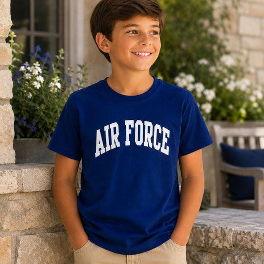 Youth royal blue Air Force T-shirt featuring a classic white arched AIR FORCE graphic on the front.