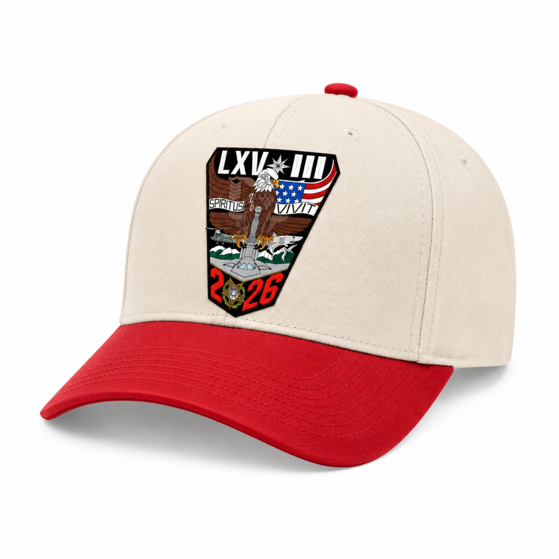 Tan and red 2026 USAFA crest trucker hat with embroidered class patch on white background