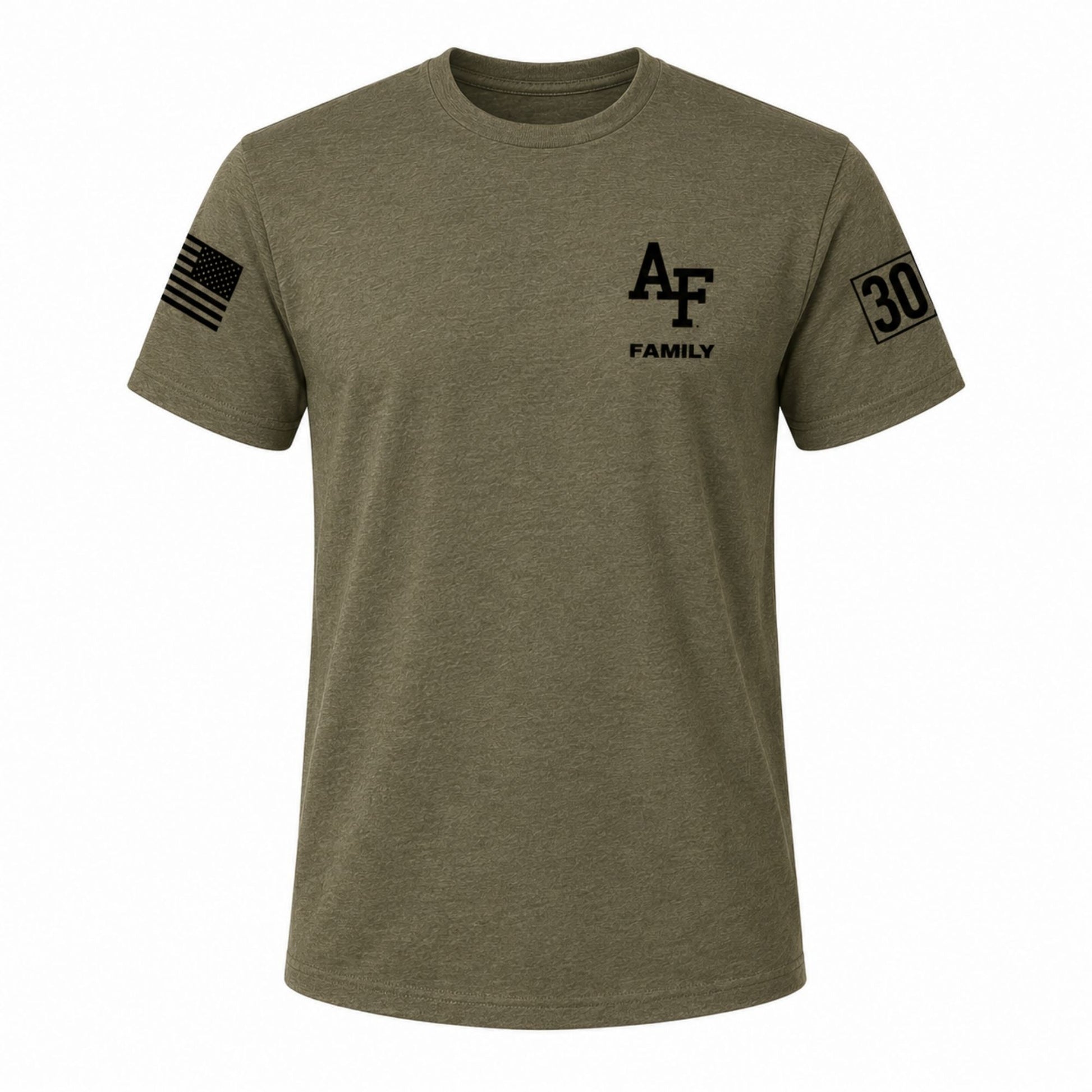 Olive green Air Force Academy 2030 Family In Processing unisex t-shirt with AF Family chest graphic and Class of 2030 sleeve detail