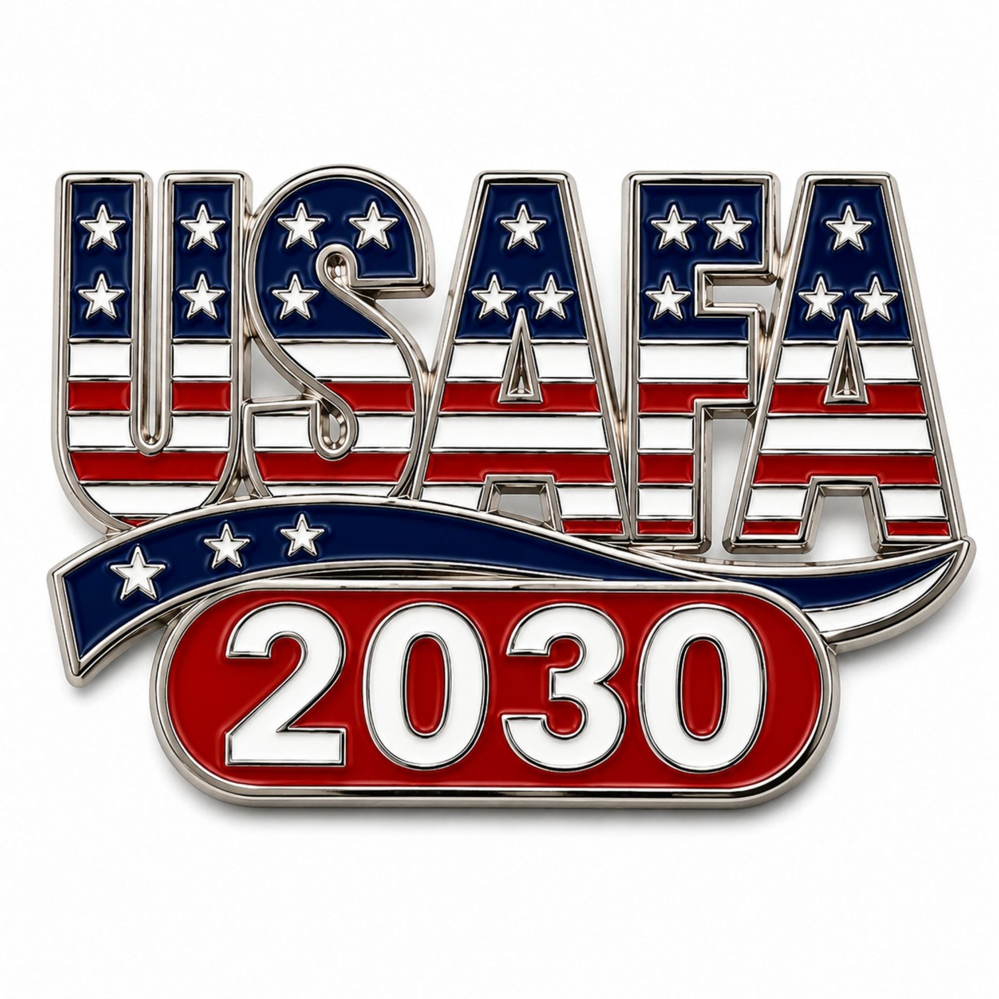 2030 USAFA lapel pin featuring patriotic red, white, and blue enamel with silver-tone metal accents.