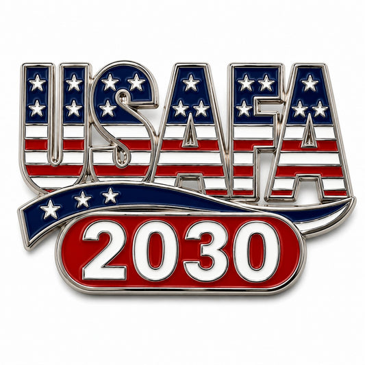 2030 USAFA lapel pin featuring patriotic red, white, and blue enamel with silver-tone metal accents.
