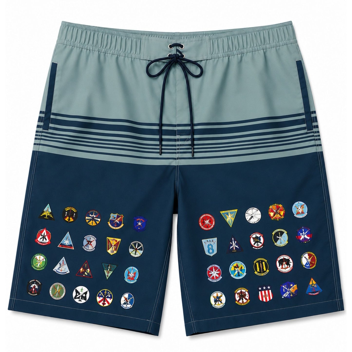 40’s Squadron One Family swim trunks in Pantone 5405C and 7546C featuring custom squadron insignia graphics, mesh liner, two front pockets, and rear pocket.