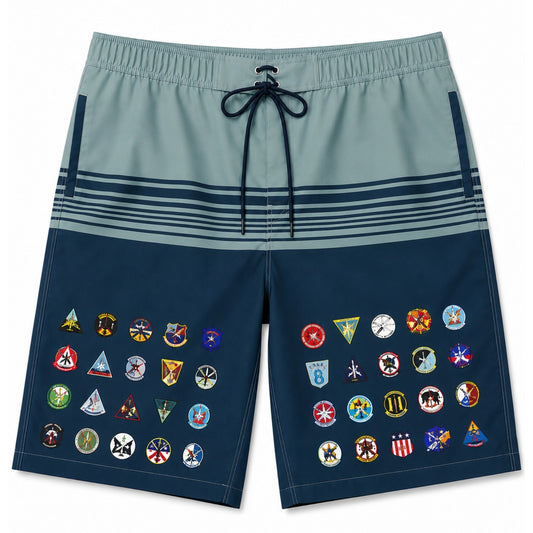 40’s Squadron One Family swim trunks in Pantone 5405C and 7546C featuring custom squadron insignia graphics, mesh liner, two front pockets, and rear pocket.
