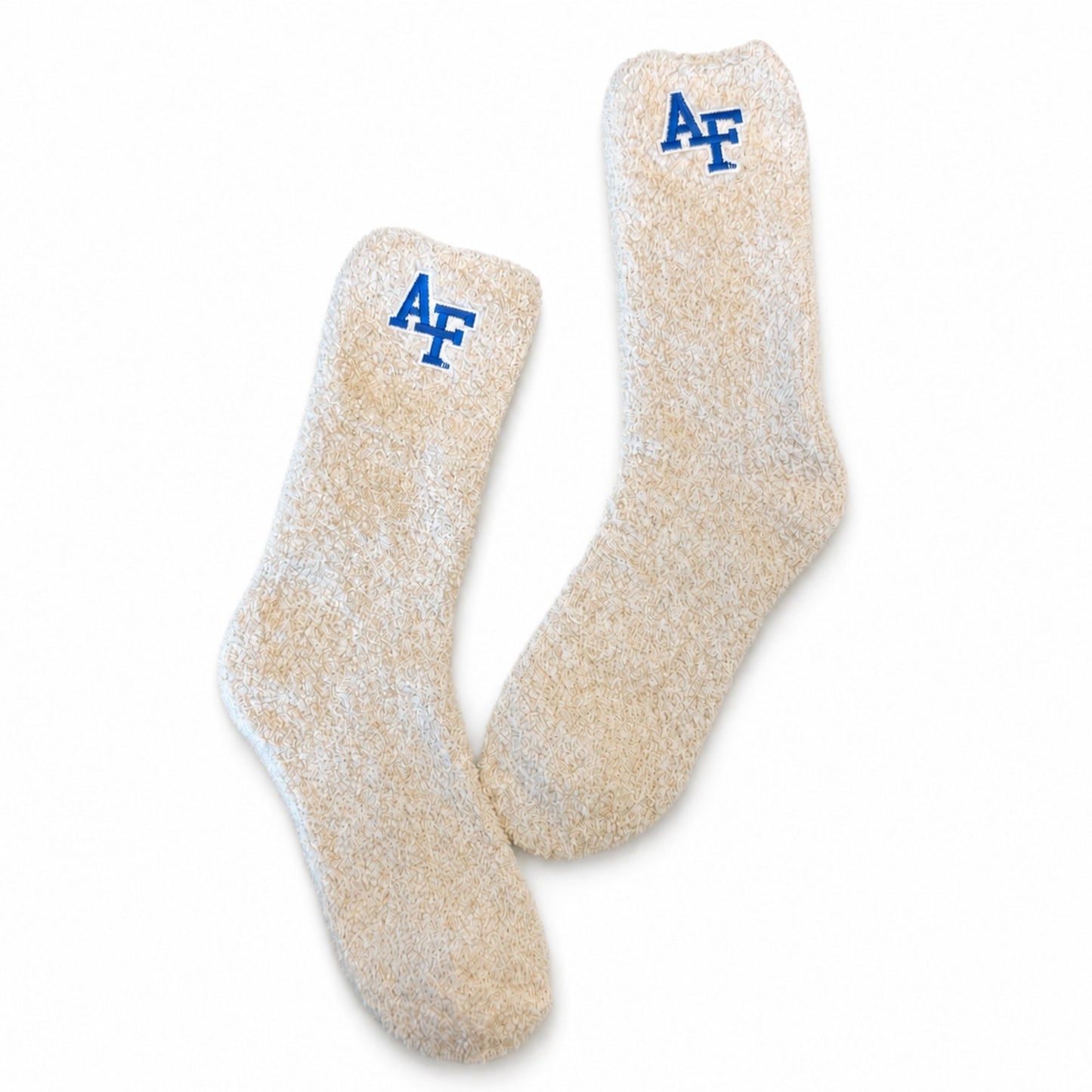 Air Force Academy Cozy Cabin Socks in cream with embroidered AF logo, plush soft texture for warmth and comfort