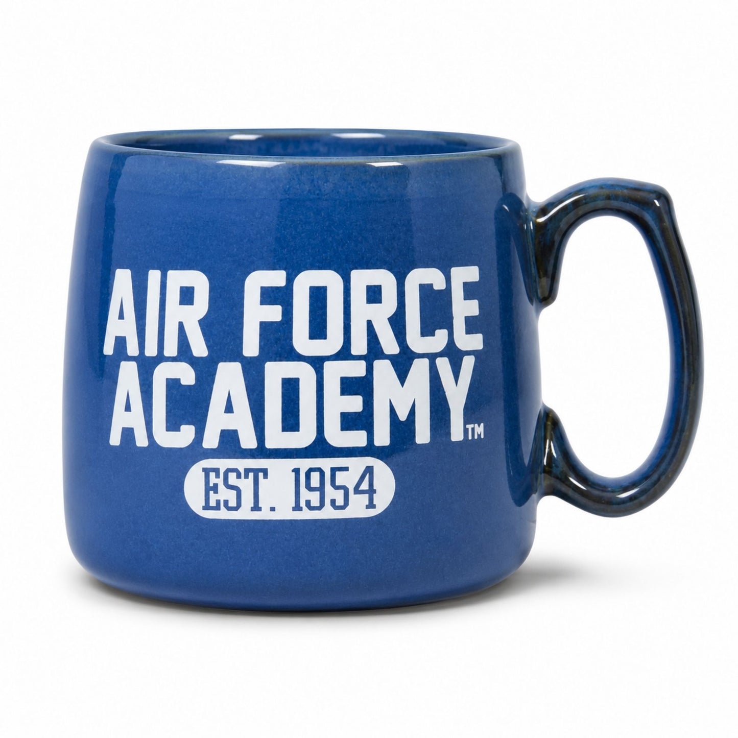 blue ceramic mug with white "Air Force Academy" text 