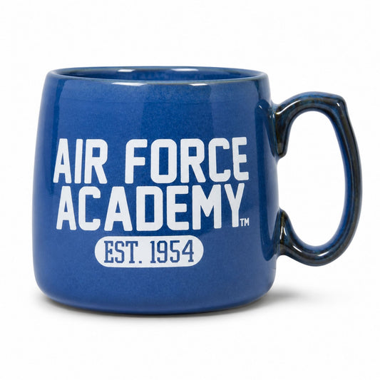 blue ceramic mug with white "Air Force Academy" text 