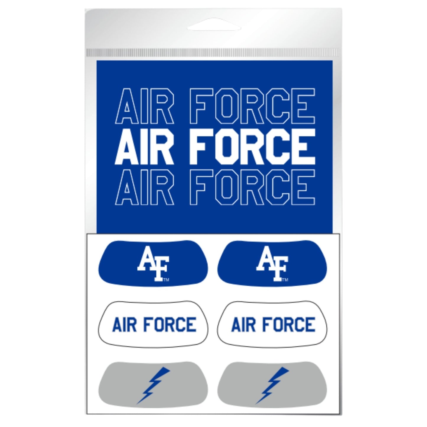 Air Force sticker sheet with AF logo decals, Air Force text stickers, and lightning bolt graphics